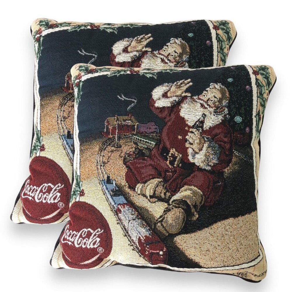 Set of 2 Vtg 90s Coca Cola Christmas Tapestry Throw Pillow Santa Clause 16" x16"